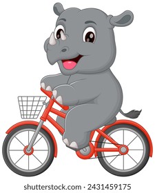 Cute Rhinoceros Riding Bicycle Cartoon Vector Icon Illustration. Animal Sport Icon Concept Isolated Premium Vector