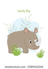 Cute rhinoceros in savanna. Vector flat style illustration for birthday invitation, cards and stickers.