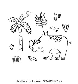 Cute rhinoceros surrounded by tropical plants. Doodle style vector illustration isolated on white background for your design