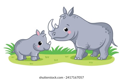 Rhinozerosen-Familie auf weißem Hintergrund. Vektorgrafik mit süßen afrikanischen Tieren im Cartoon-Stil. Ein Rhinozeros-Kalb steht bei seinen Eltern.