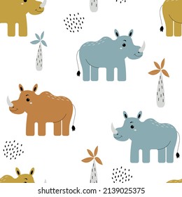 
Cute rhinos seamless pattern. Funny hand drawn animals. Creative baby background in Scandinavian style. Safari vector illustration. Rhinoceros and palm trees.