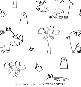 Rinocerontes sin fisuras. Animales graciosos dibujados a mano. Fondo creativo para niños en estilo doodle. Ilustración vectorial de Safari. Rinocerontes y palmeras.