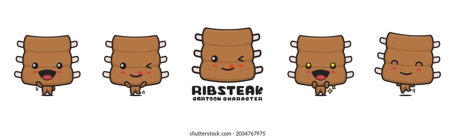 cute rib steak mascot, food cartoon illustration, with different facial expressions and poses, isolated on white background