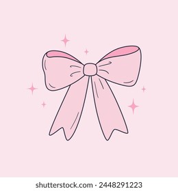 Cute ribbon bow clipart. Coquette and balletcore girly decoration. Hand drawn silk tape accessory. Vintage fashion element in pastel color. Vector illustration