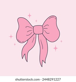 Cute ribbon bow clipart. Coquette and balletcore girly decoration. Hand drawn silk tape accessory. Vintage fashion element in pastel color. Vector illustration