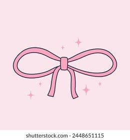 Cute ribbon bow clipart. Coquette and balletcore girly decoration. Hand drawn silk tape accessory. Vintage fashion element in pastel color. Vector illustration