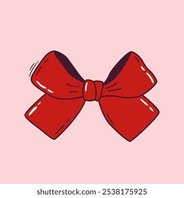 Cute ribbon bow clipart. Coquette girly decoration. Hand drawn silk tape accessory. Vintage fashion element in red color. Vector illustration