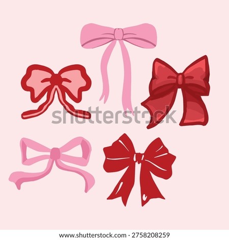 Cute ribbon bow clipart set featuring various shapes and styles in pink and red tones. Perfect for feminine design, wedding decoration, gift wrapping, branding, stickers, and digital illustration assets.