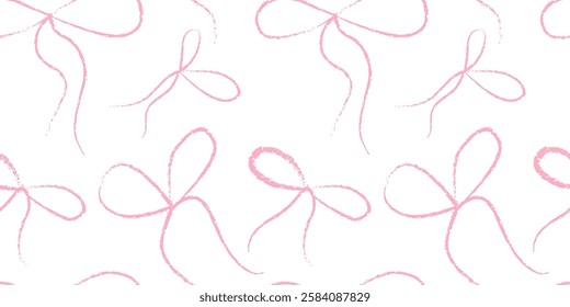 Cute ribbon bow drawing with crayon design. Y2k repeat dainty ballet band pattern with pencil scribble texture. Flirt tie with aesthetic lipstick childlike line art seamless panorama wallpaper