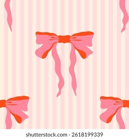 Cute ribbon bows vector seamless pattern. Trendy coquette repeated design with bright pink bowknots on striped background. Elegant girly design for wrapping paper, birthday packaging, fabrics, print