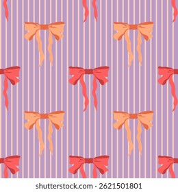 Cute ribbon bows vector seamless pattern. Trendy coquette bows repeat tile. Red and peach bowknots on striped lilac background. Modern playful design for wrapping paper, wallpaper, fabrics, print