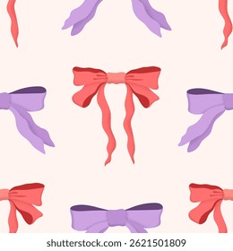 Cute ribbon bows vector seamless pattern. Romantic repeat tile. Pink and lilac bowknots with shadows on pastel off-white background. Playful modern girly design for wrapping paper, birthday packaging