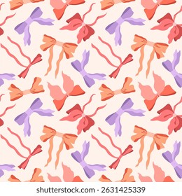 Fita bonita arcos vetor padrão sem emenda. Coquette repetir ladrilho. Nódulos vermelhos, lilás, laranja em fundo pastel off-white. Design feminino elegante moderno brincalhão para papel de embrulho, embalagem de aniversário