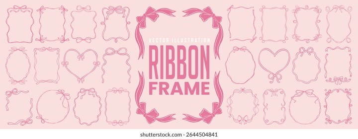 Cute ribbon frame set with bow for wedding, birthday party invitation and social media template decoration. Minimalist border, doodle line art, banner and ornament label or badge in coquette style.