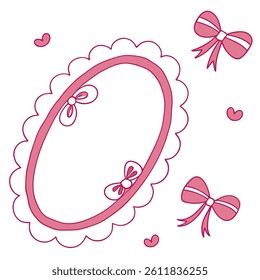 Cute ribbon frame set, vector hand drawn doodle border, pink bow line illustration, minimal design.  