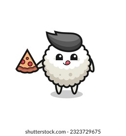 cute rice ball cartoon eating pizza , cute style design for t shirt, sticker, logo element