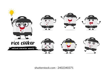 cute rice cooker cartoon with many expressions. home appliance different activity pose vector illustration flat design set.