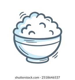 Cute rice icon in a blue bowl. Hand drawn kawaii illustration of cooked rice, perfect for stickers, food designs, and Asian cuisine themes. Vector art isolated on white background