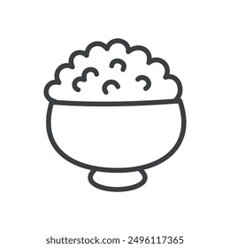 Cute rice icon. Hand drawn monochrome illustration of a bowl of cooked rice isolated on a white background. Kawaii sticker. Vector 10 EPS.