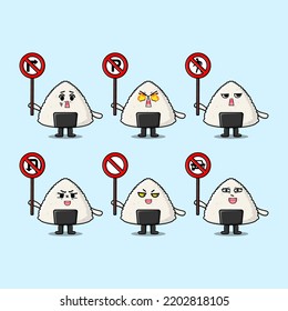 Cute Rice japanese sushi cartoon character holding traffic sign in modern flat style design