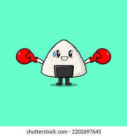 Cute Rice japanese sushi mascot cartoon playing sport with boxing glove and cute stylish design