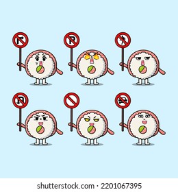 Cute Rice sushi rolls sashimi cartoon character holding traffic sign in modern flat style design