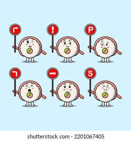 Cute Rice sushi rolls sashimi cartoon character holding traffic sign in modern flat style design