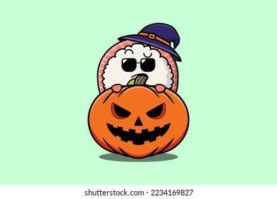 Cute Rice sushi rolls sashimi cartoon character hiding in pumpkin halloween illustration