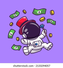 Cute Rich Astronaut Floating With Money Cartoon Vector Icon Illustration. Science Business Icon Concept Isolated Premium Vector. Flat Cartoon Style