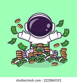 Cute Rich Astronaut With Money Cartoon Vector Icon Illustration. Science Finance Icon Concept Isolated Premium Vector. Flat Cartoon Style