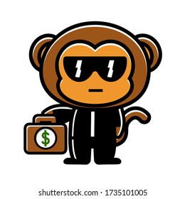 a cute, rich brown monkey cartoon mascot wearing a black suit and glasses carrying a suitcase of money