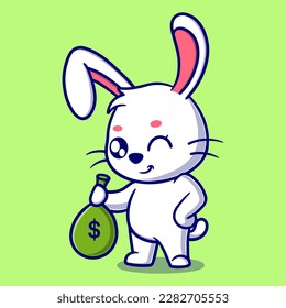 Cute rich bunny cartoon icon illustration. funny sticker for gifts