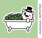 Cute Rich Cat in Bathtub Full of Money Illustration	