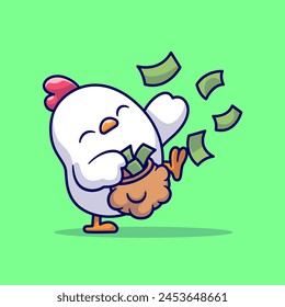 Cute Rich Chicken Throws Money In Bag Cartoon Vector Icon Illustration. Animal Finance Icon Concept Isolated Premium Vector. Flat Cartoon Style