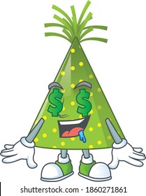 Cute rich green party hat mascot character style with money eyes. Vector illustration