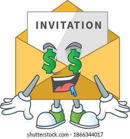 Cute rich invitation message mascot character style with money eyes. Vector illustration