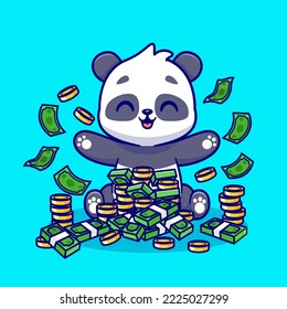 Cute Rich Panda With Money And Gold Coin Cartoon Vector Icon Illustration. Animal Finance Icon Concept Isolated Premium Vector. Flat Cartoon Style