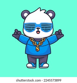 Panda rico lindo con un icono del vector de la cadena de oro. Vector Premium Aislado De Concepto De Icono De Negocio Animal. Estilo de dibujo plano