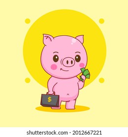 cute rich pig with suitcase holding money character cartoon illustration