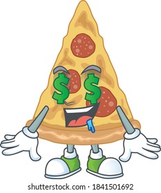 Cute rich slice of pizza mascot character style with money eyes. Vector illustration