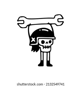 Cute rider skull lifting wrench mascot character, illustration for t-shirt, poster, sticker, or apparel merchandise. With retro cartoon style