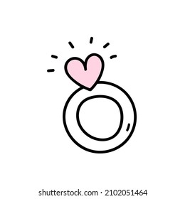 Cute ring with heart shaped diamond isolated on white background. Vector hand-drawn illustration in doodle style. Perfect for Valentines day designs, cards, decorations, invitations.