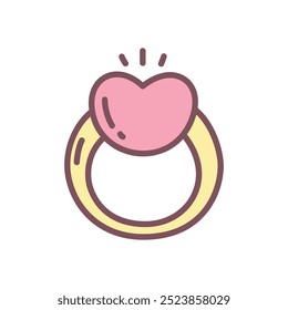 Cute ring icon. Hand drawn illustration of a engagement ring with a heart-shaped gem isolated on a white background. Kawaii St. Valentine day sticker. Vector 10 EPS.