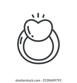 Cute ring icon. Hand drawn monochrome illustration of a engagement ring with a heart-shaped gem isolated on a white background. Kawaii St. Valentine day concept. Vector 10 EPS.