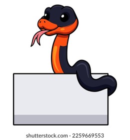 Cute ring necked snake cartoon with blank sign