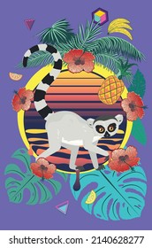 Cute ring tailed gray lemur with tropical leaves and fruits illustration.