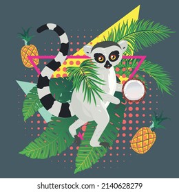 Cute ring tailed gray lemur with tropical leaves and fruits illustration.