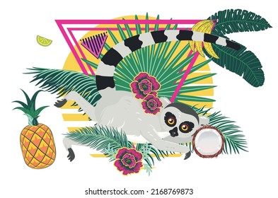Lémur gris de cola de anillo con hojas tropicales e ilustración de frutas.