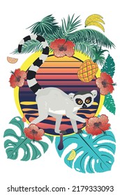 Ritzring grauer Lemur mit tropischen Blättern und Obstgrafik.