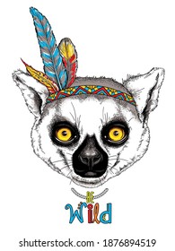 Cute ring tailed lemur with accessories in ethnic style. Boho style lemur sketch. Be wild illustration. Animal in indian headdress. Stylish image for printing on any surface